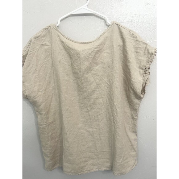 Sunny Leigh Boho Crisp Linen Boxy Tan Shirt Blouse Tunic Size Medium Artsy - Picture 3 of 5